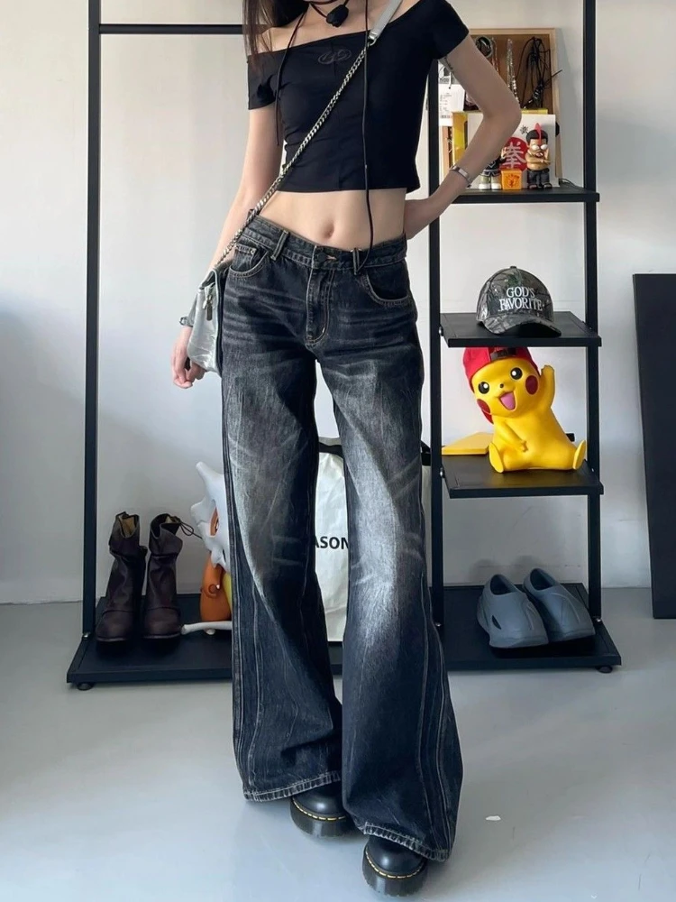 ADAgirl Black Baggy Jeans Women Harajuku Vintage Oversize Do Old Korean Wide Leg Denim Pants Y2k Causal Straight Female Bottoms