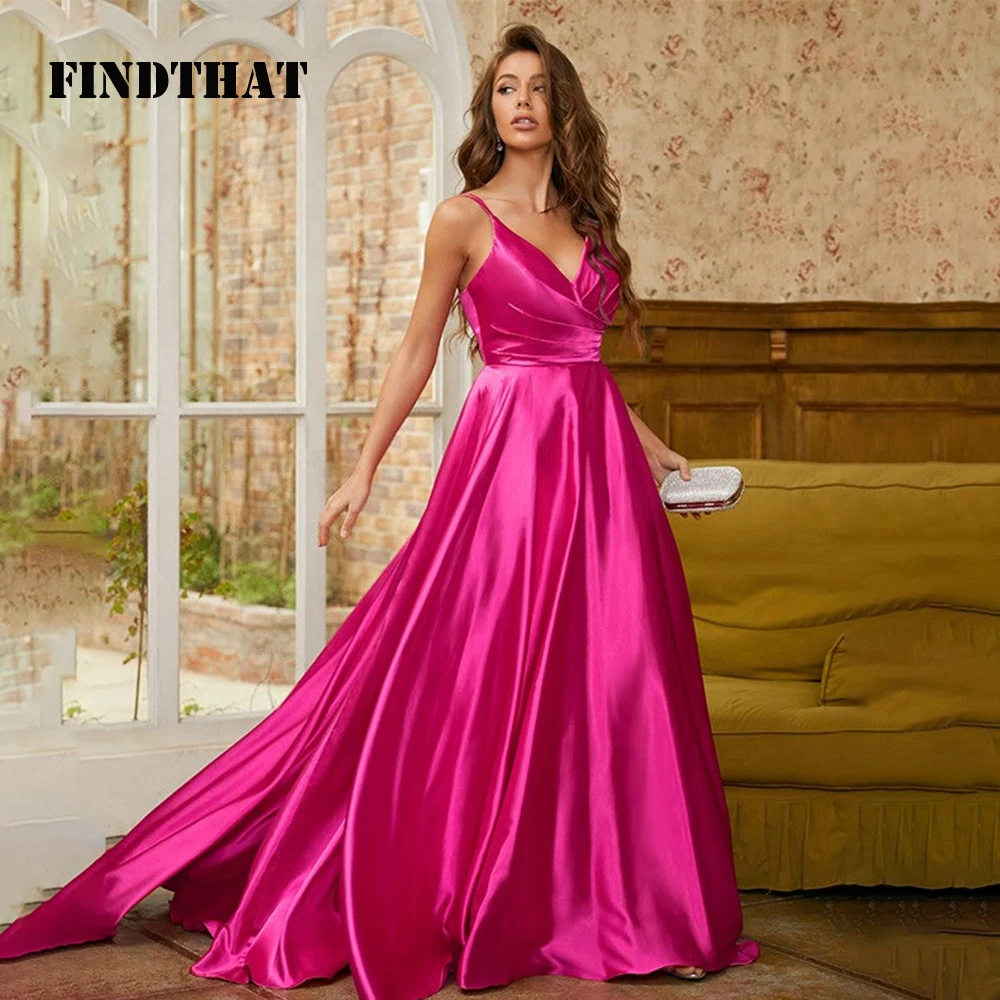 

Findthat Fuchsia V-Neck Ruched Bridesmaid Dress for Wedding 2024 Satin Elegant Spaghetti-Strap A-Line Evening Prom Gown Backless