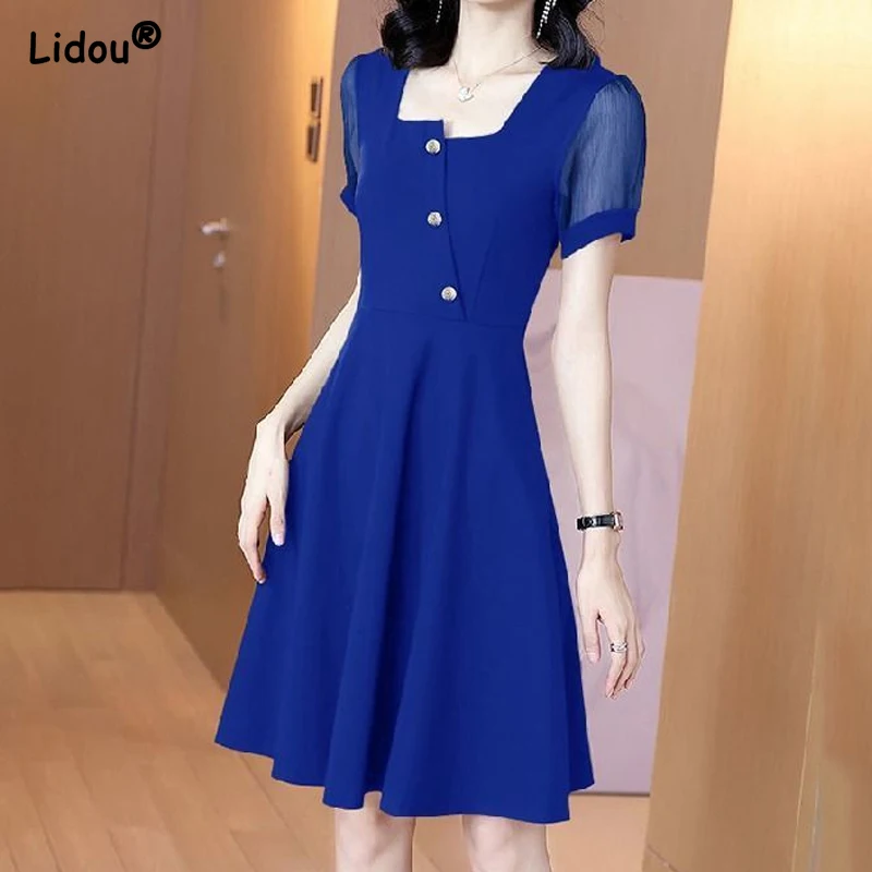 

Office Lady Square Collar Solid Color Button Gauze Short Sleeve Simple A-line Skirt Fashion Summer Dress Women's Clothing 2022