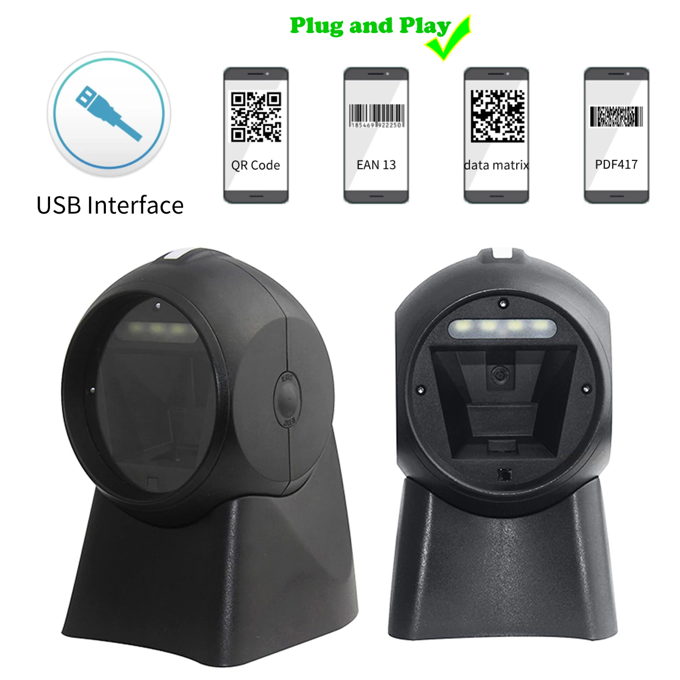 

1D&2D Desktop Barcode Scanner Omnidirectional Hand-Free USB Wired Barcode Reader High Speed QR Screen Barcodes Scanning Scanner