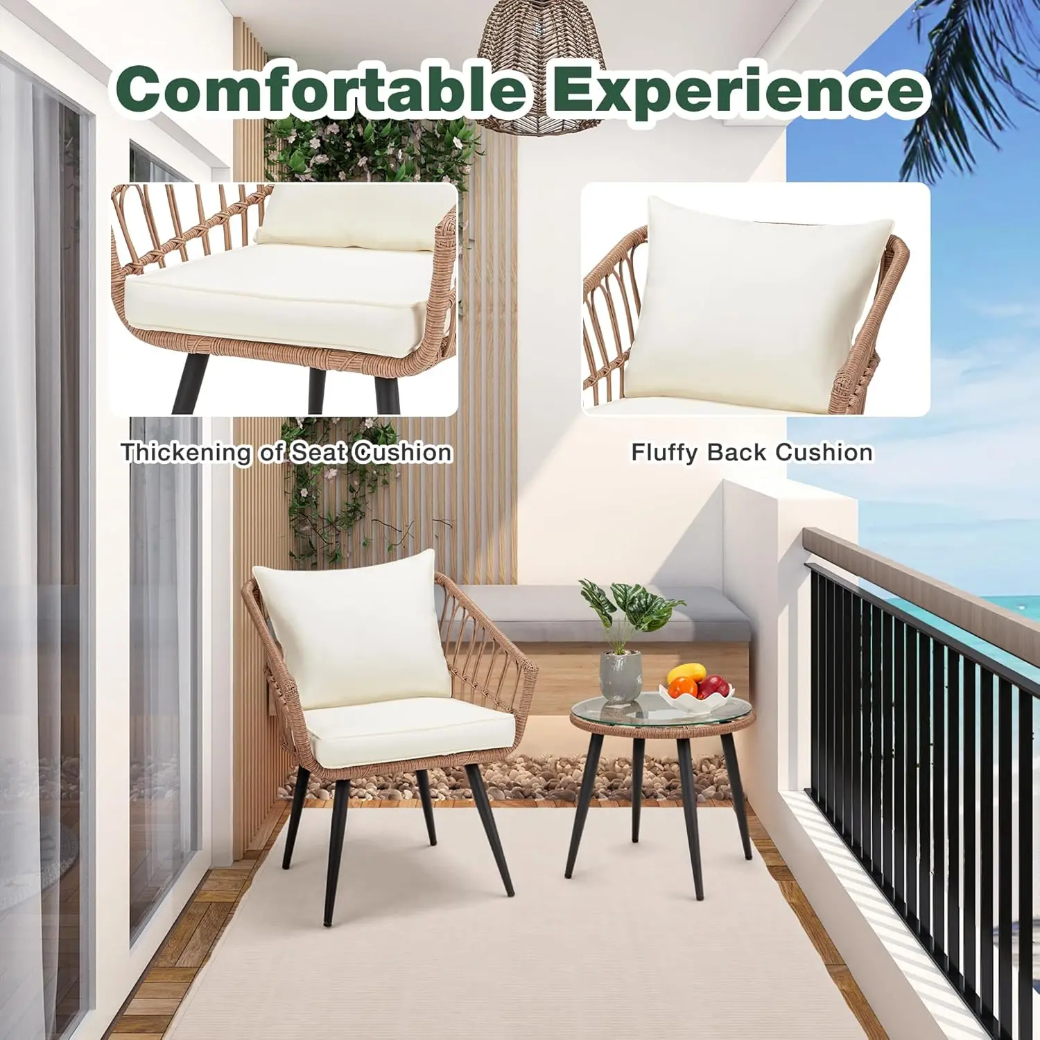 3 Piece Wicker Patio Bistro Set, Outdoor Rattan Dining Set with Glass Top Table, Chairs, and Cushions