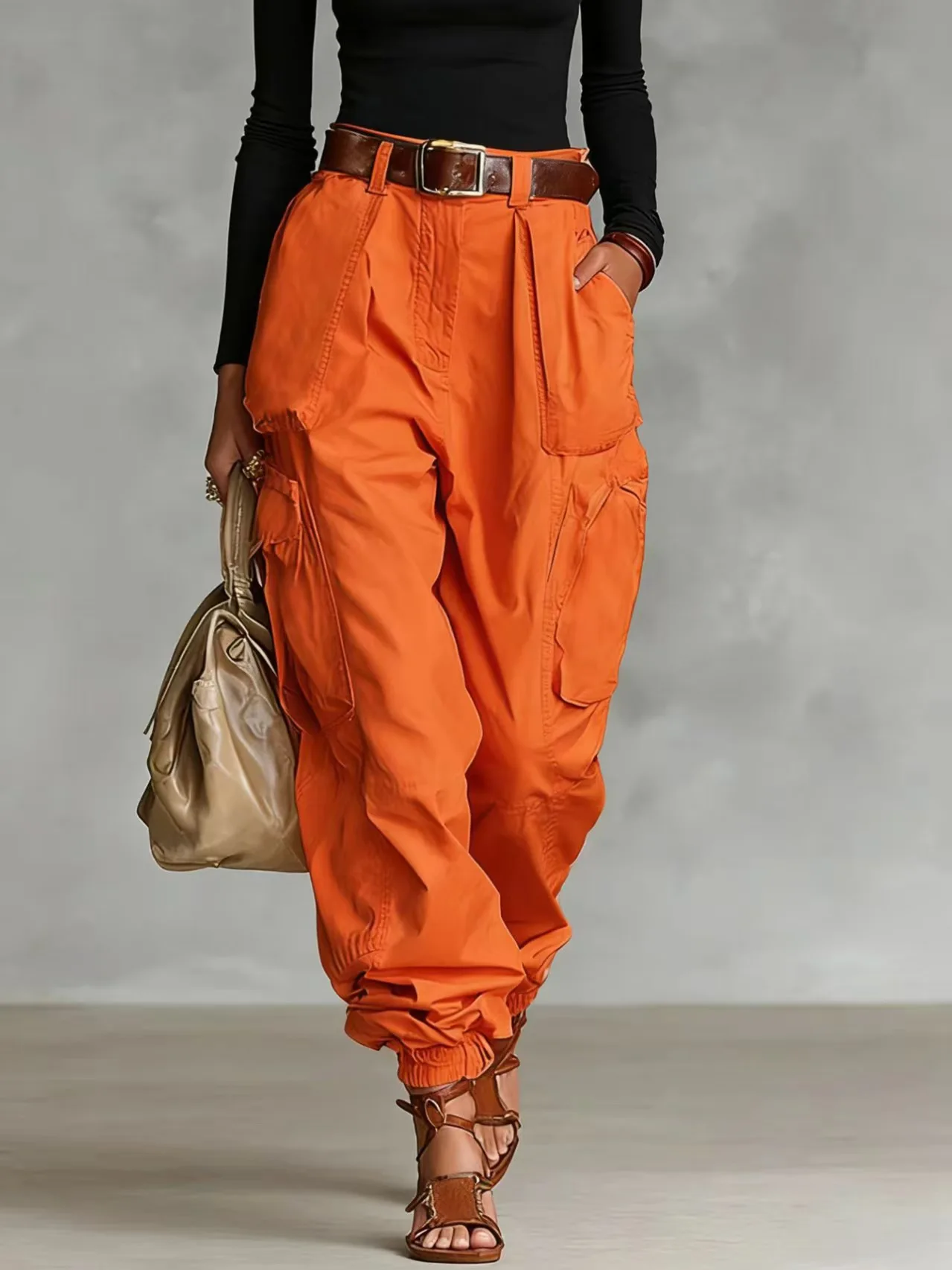 Vintage Casual Loose Multi Pocket Work Pants Vacation Solid Color Sports Pants Women Temperament with Ankle Cuffs Sweatshirt
