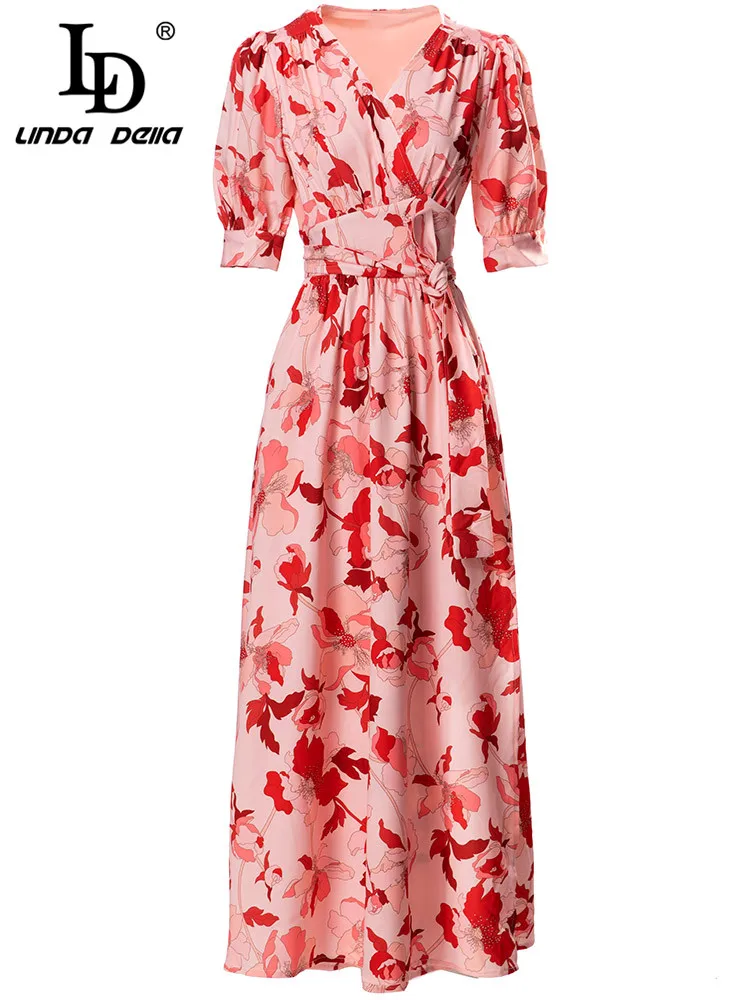 

LD LINDA DELLA Fashion Designer Summer Dress Women V-neck Short sleeve Flower print high waist Party Vintage Dress