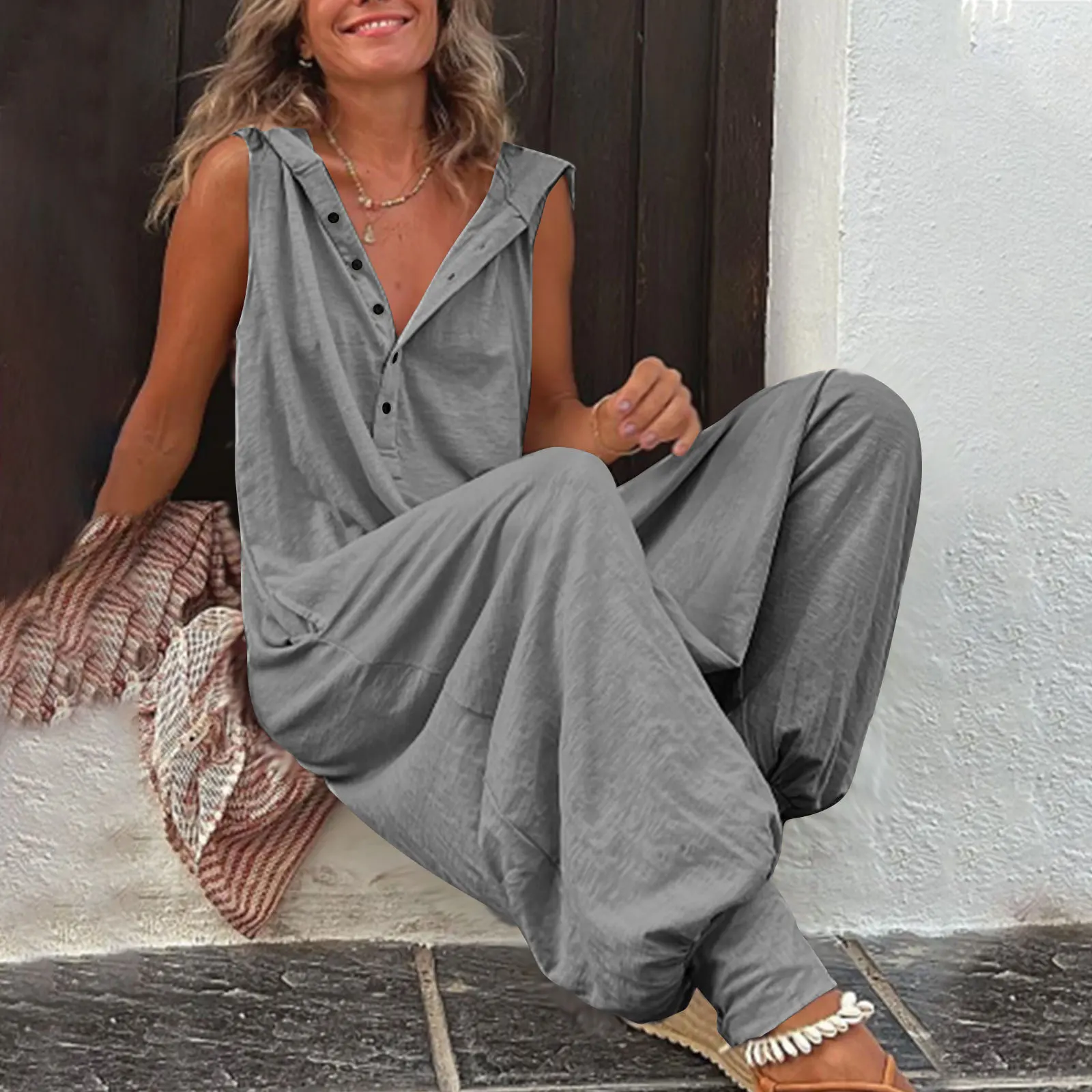 

Vintage Button Jumpsuit Summer Women Causal Beach Cross-pants Playsuit Fashion Loose Solid Sleeveless Hooded Romper Streetwear
