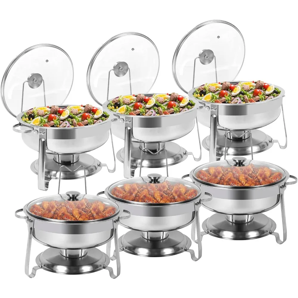 

BriSunshine 6 Packs 4 QT Round Chafing Dish Buffet Set, with Glass Lid & Lid Holder, Catering Food Warmers