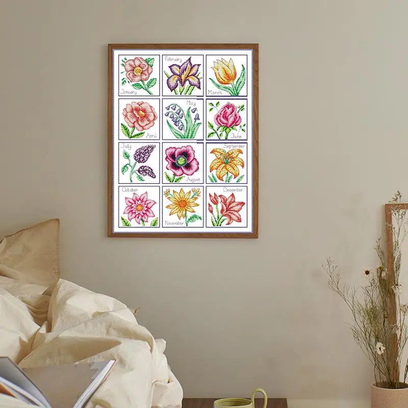 Twelve Months Flowers Cross Stitch 14CT 16CT 11CT White Canvas Print Fabric Embroidery Set DIY Floral Patterns Home Decor Crafts