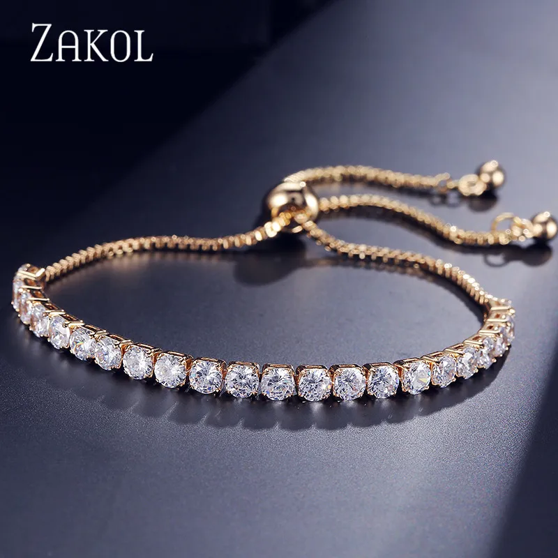 ZAKOL Fashion Cubic Zirconia Tennis Adjustable Bangle Bracelet for Women White Round Cut Cz Crystal Wedding Jewelry