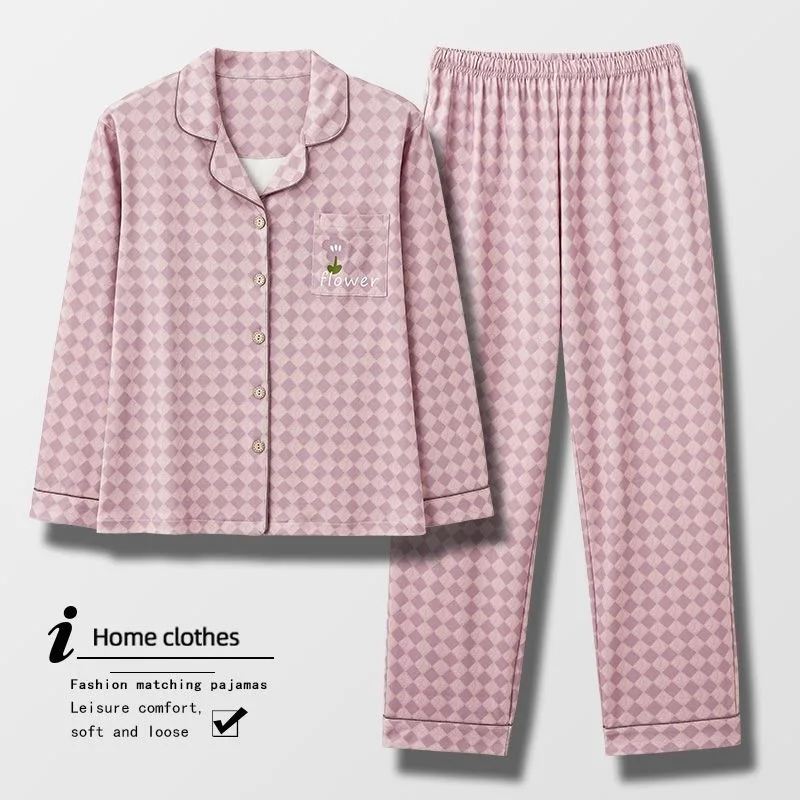 2023 New Pajama Women Spring Autumn Loungewear Long Sleeve Cotton Sleepwear Lattice Simplicity Nightwear Plus Size Homewear Suit