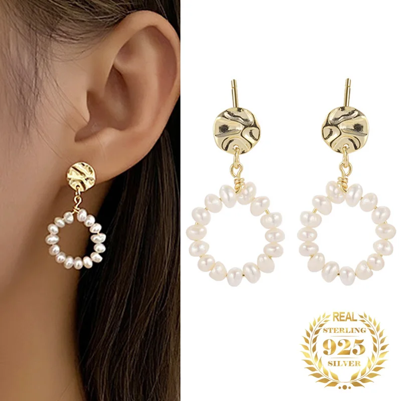 

Irregular Sterling Silver 925 Fashion Texture Circle Baroque Pearl Drop Stud Earring for Women Retro Fine Jewelry