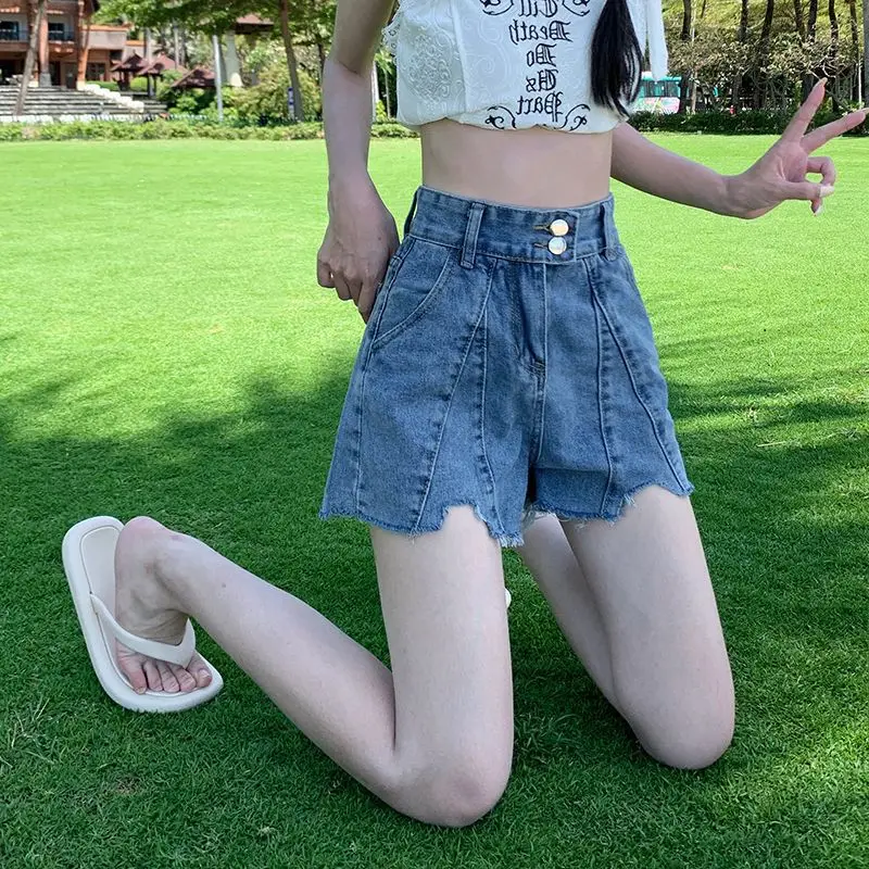 Korean Style Baggy Jeans Shorts Raw Edge Blue Women's Summer Y2k Vintage High Waisted Shorts Straight Fashion Denim Casual Pants