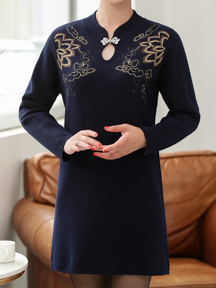 

Embroidery Sweaters Dress Autumn Winter Casual Long Sleeve Top Pullovers Knitwear Jumper Pull Slim Long Sweater Women