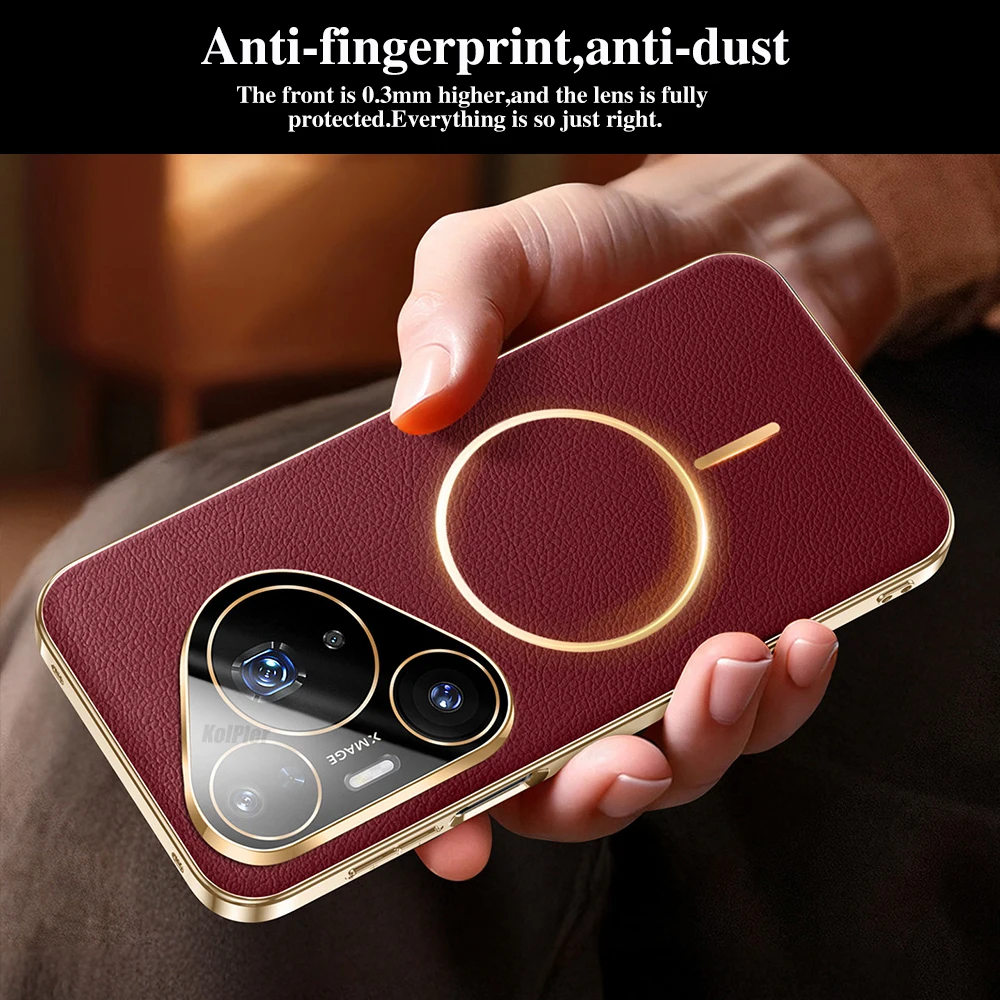 Magnetic Plating Leather Phone Case with Full Lens Protection & Wireless Charging Support