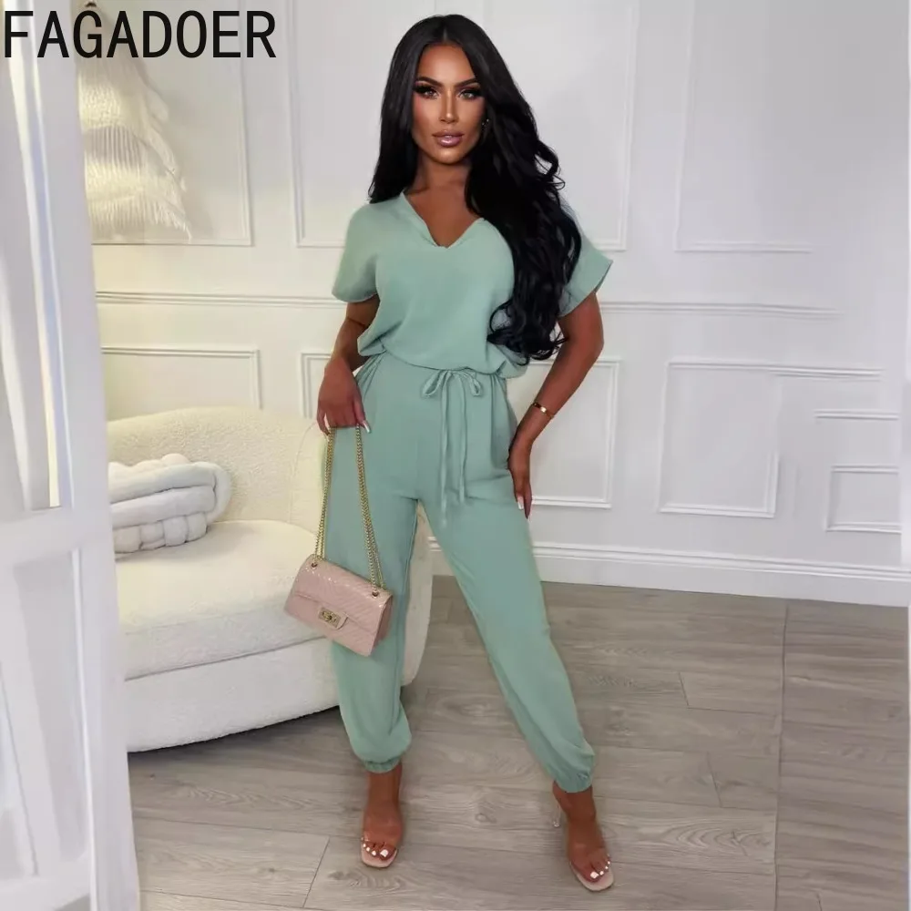 FAGADOER Green Elegant Lady Office Lace Up Jumpsuits Women Round Neck Short Sleeve Loose Playsuits Fashion Female Solid Overalls