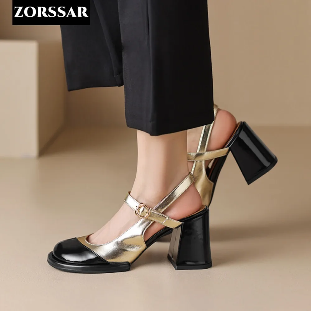 Gold Silver High Heels for Women Fashion Round Toe Genuine Leather Slingbacks Pumps Elegant Lady Heeled Shoes Summer Sandal