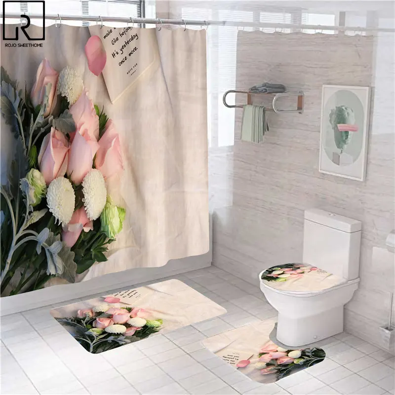 Rideau de douche à fleurs de printemps, rideau de salle de bain en Polyester,  imprimé 3d, tapis antidérapant, ensemble de tapis, décor d'écran de toilette,  accessoires de salle de bains - AliExpress