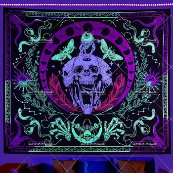 Hippie Skull Blacklight Tapestry UV Reactive Halloween Skeleton Tapestry Neon Glow In The Dark Wall Hanging estetica Room Decor 1