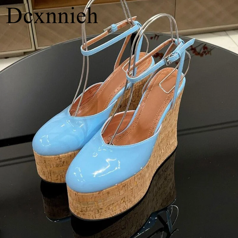 

New Patent Leather Wedge Heels Sandals Women's Thick Sole Ankle Strap Heighten Sandalias Summer Outdoor Party Dress Shoes