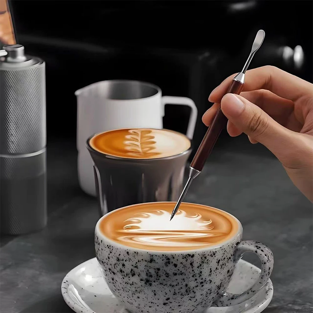 Household Latte art Pen Coffee Needle Carved and Mounted Artifact Solid Wood Hook Needle Milk Foam Stainless Steel Drawing
