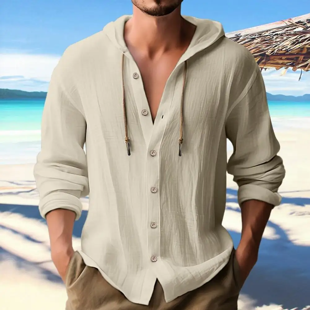 

Men Hooded Drawstring Shirt Top Solid Color Button Closure Long Sleeve Quick Dry Casual T-Shirt Streetwear