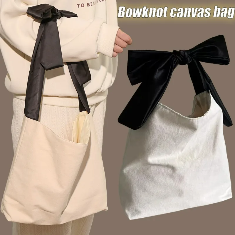 Cream White Canvas Bag Sweet Bowknot Soft Cloth Fabric Large Capacity Simple Lazy Handbags Sweet Fashion Underarm Shoulder Bag