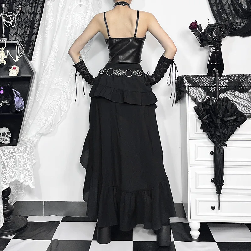 Gothic Kawaii Black Tiered Skirt with Irregular Hem – Retro 90s Inspired Party Fashion