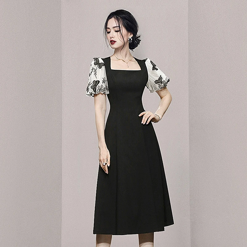 

High Quality Summer Women Midi Dress Runway Fashion Square neck Elegant Butterfly Embroidered Lantern Sleeve Female Slim Dress