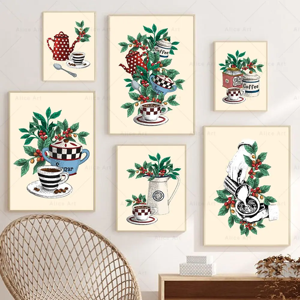 Vintage Coffee Bean Cups Canvas Painting Nordic Wall Art Poster Stampa Per Soggiorno Cafe Kitchen Home Decor Coffee Lover Gift