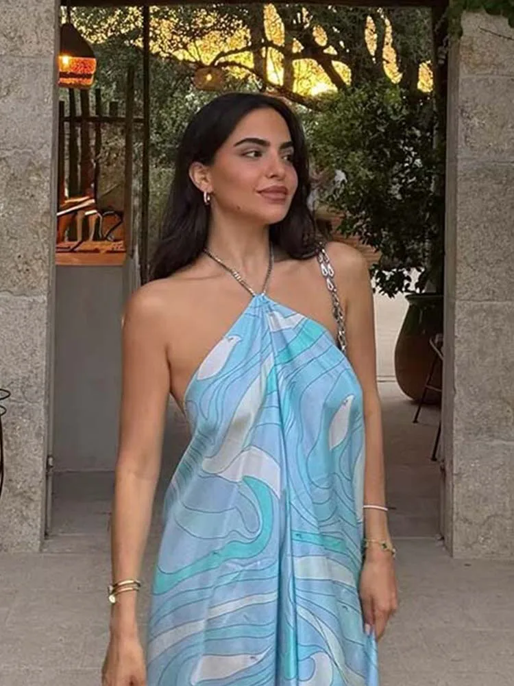 Sexy Printing Halter Long Dress Women Flounce High-level Dress New 2025 Summer Fashion Holiday Party Beach Dresses