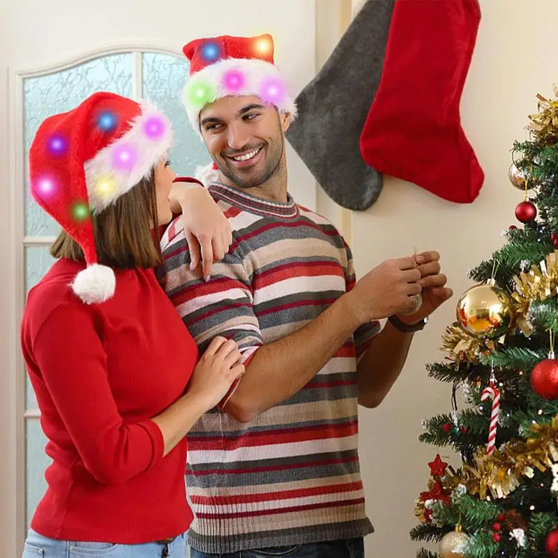 Merry Christmas LED lights High-end plush Santa hat Christmas decorations Xmas Winter Gift For Kids Adults