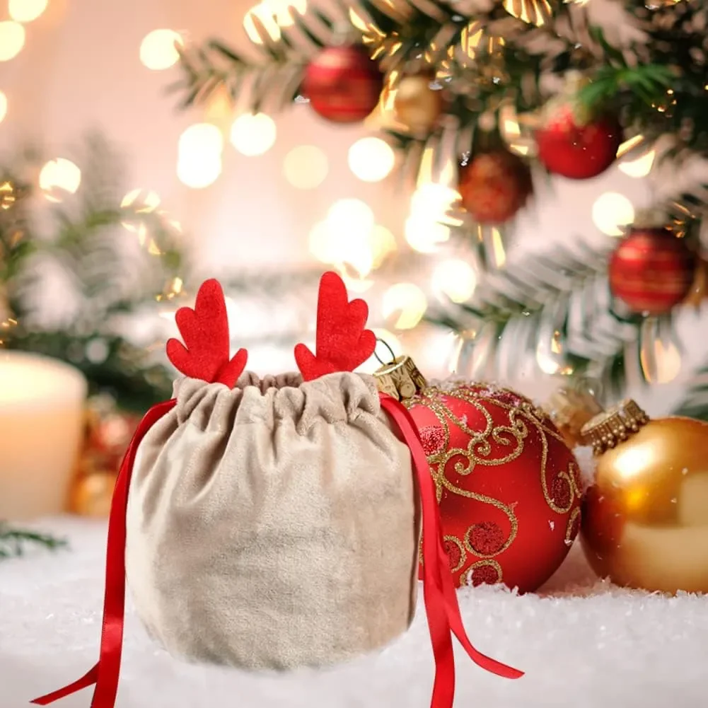 5/10 Christmas Reindeer Drawstring Gift Bag Reusable Velvet Santa Claus Candy Gift Bag Party Decoration velvet gift bags christmas gift bags gift bags christmas candy packaging