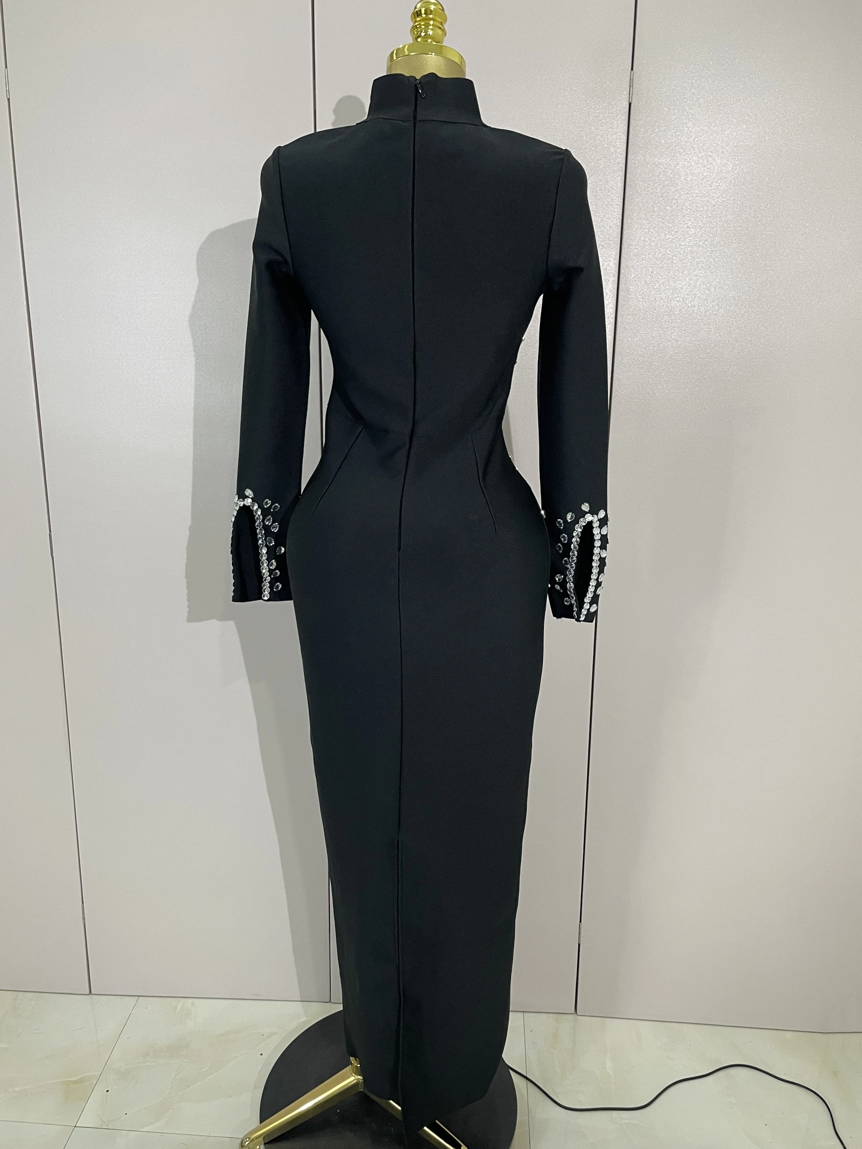 chinese dress ladies Doja Black Crystal Embellished High Neck Long Sleeve Bandage Dress main image 1