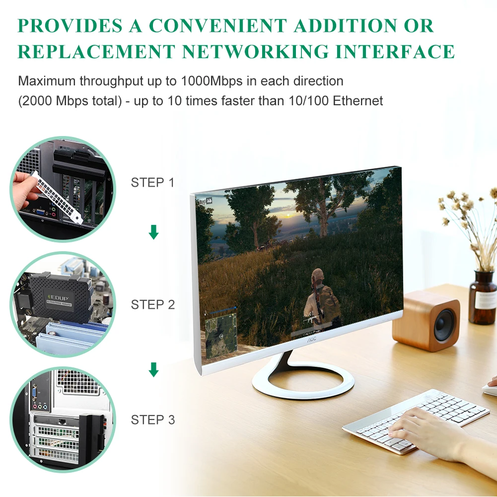 EDUP 9602GS PCIe 이더넷 네트워크 카드 1포트 RJ45 히트싱크 VLAN 웨이크 온 LAN PXE 자동 MDI X IEEE 호환 네트 어댑터