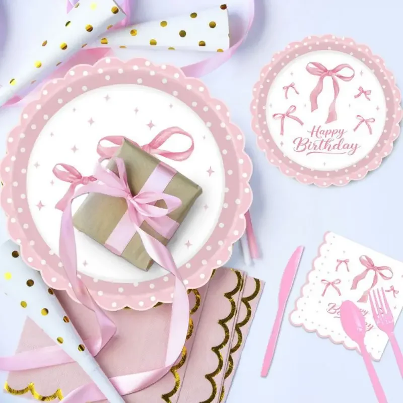 80/140pcs Disposable Tableware Set, Pink Bowknot Theme Party Decoration Supplies, Birthday Party Decoration Accessories Supplies