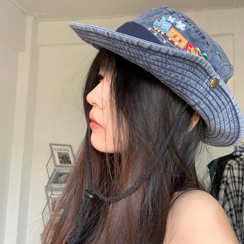 Washed Cowboy Girls Mountaineering Fisherman Hat Summer Sunscreen Sunshade Outdoor Camping Hat