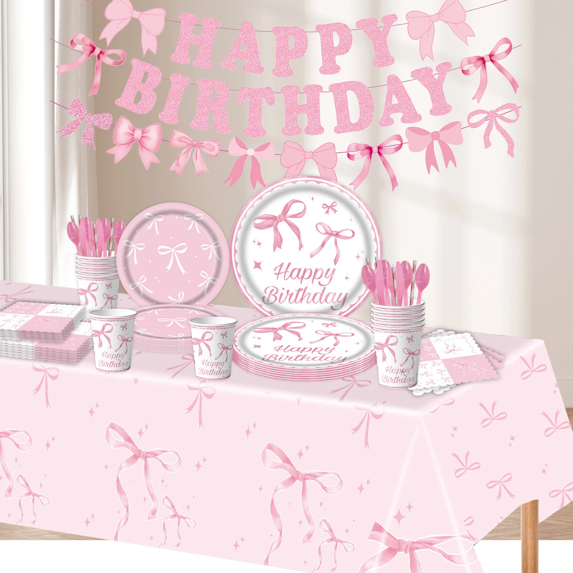 Rose Gold Party Decorations Set 100 Pcs Disposable Dinnerware and Decor for Birthday Celebration Pink Bow Theme