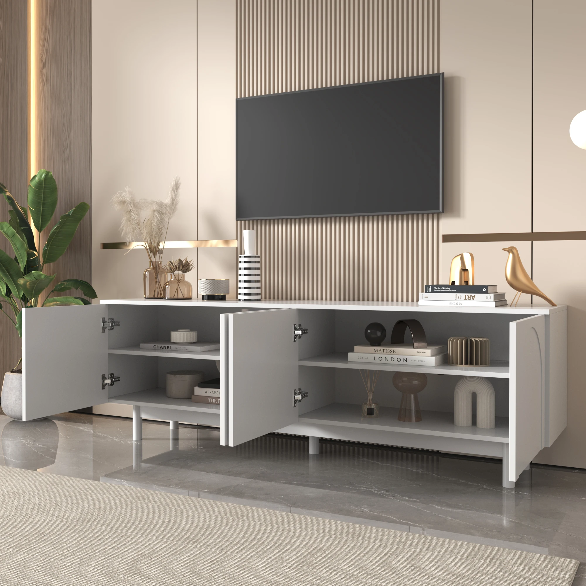 Moderner weißer TV-Schrank – 175 x 38 x 56 cm, verstellbare Regale, leichtes Lowboard-TV-Möbel im Luxus-Stil – Detail 10