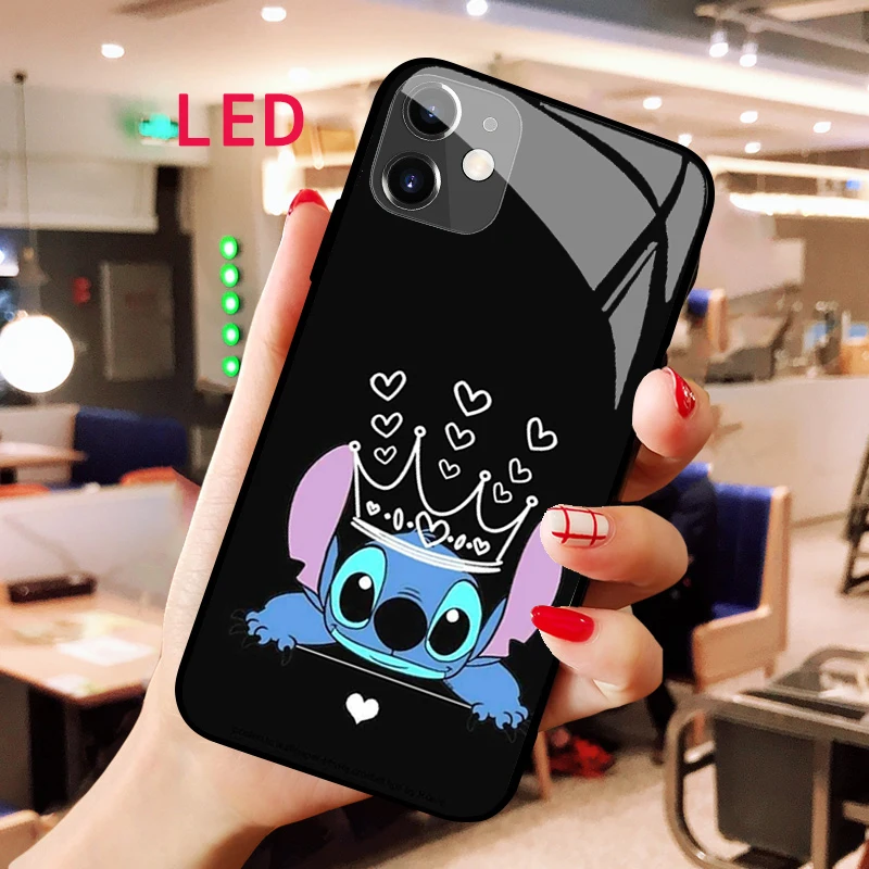 Stitch Luminous Tempered Glass tpu kawaii phone case For Apple iphone 13 14 Pro Max Puls mini Fashion LED Backlight cool cover pattern printing tempered glass tpu back case for iphone 12 pro 12 moon picking man