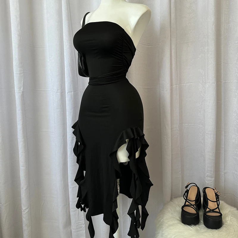 

2024 Summer Maxi Women's Dress Vintage Elegant black Fashion Sleeveless Slim Backless Irregular Tassel Party Dresses Street Robe