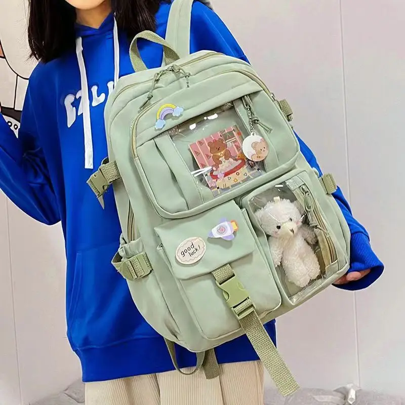 

Mochila escolar de nailon con múltiples bolsillos para mujer, morral escolar impermeable para estudiantes, mochila Kawaii para o