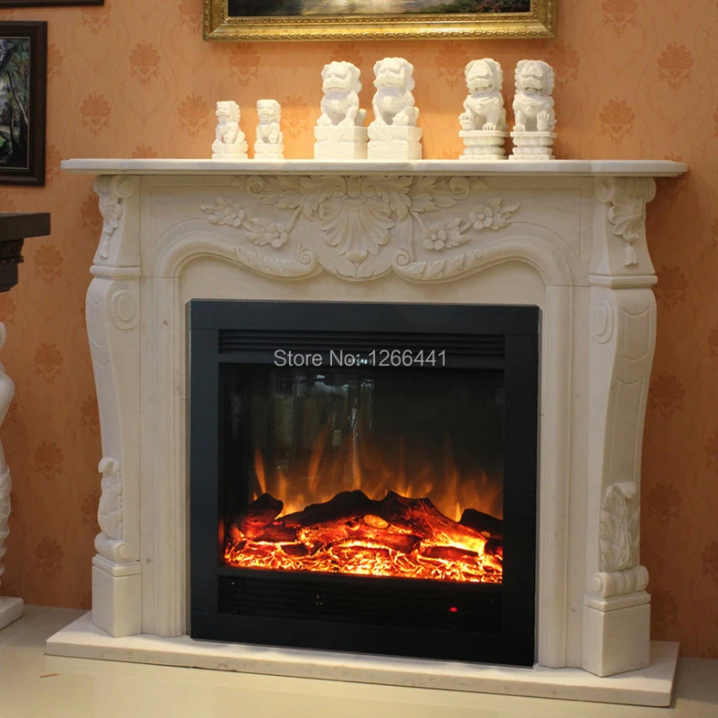 

Carved Stone Fireplace Mantel Surround Plus Electric Insert Firebox Room Heater Decorative Artificial Optical Flame Chimneypiece