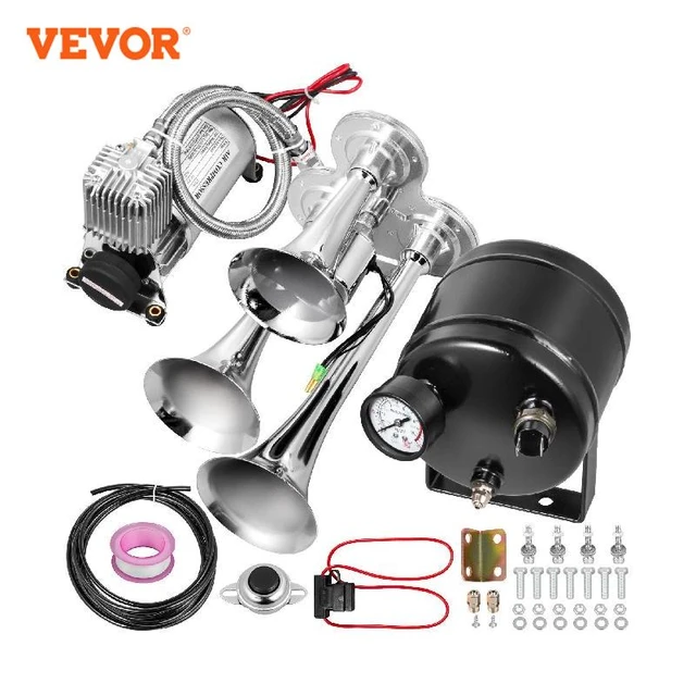 VEVOR Kit de Klaxon de Train Chromé 4 Trompettes 150 dB avec Compresseur d' Air Électrique 12V Réservoir 3L pour Camions Bateaux Camions Voitures