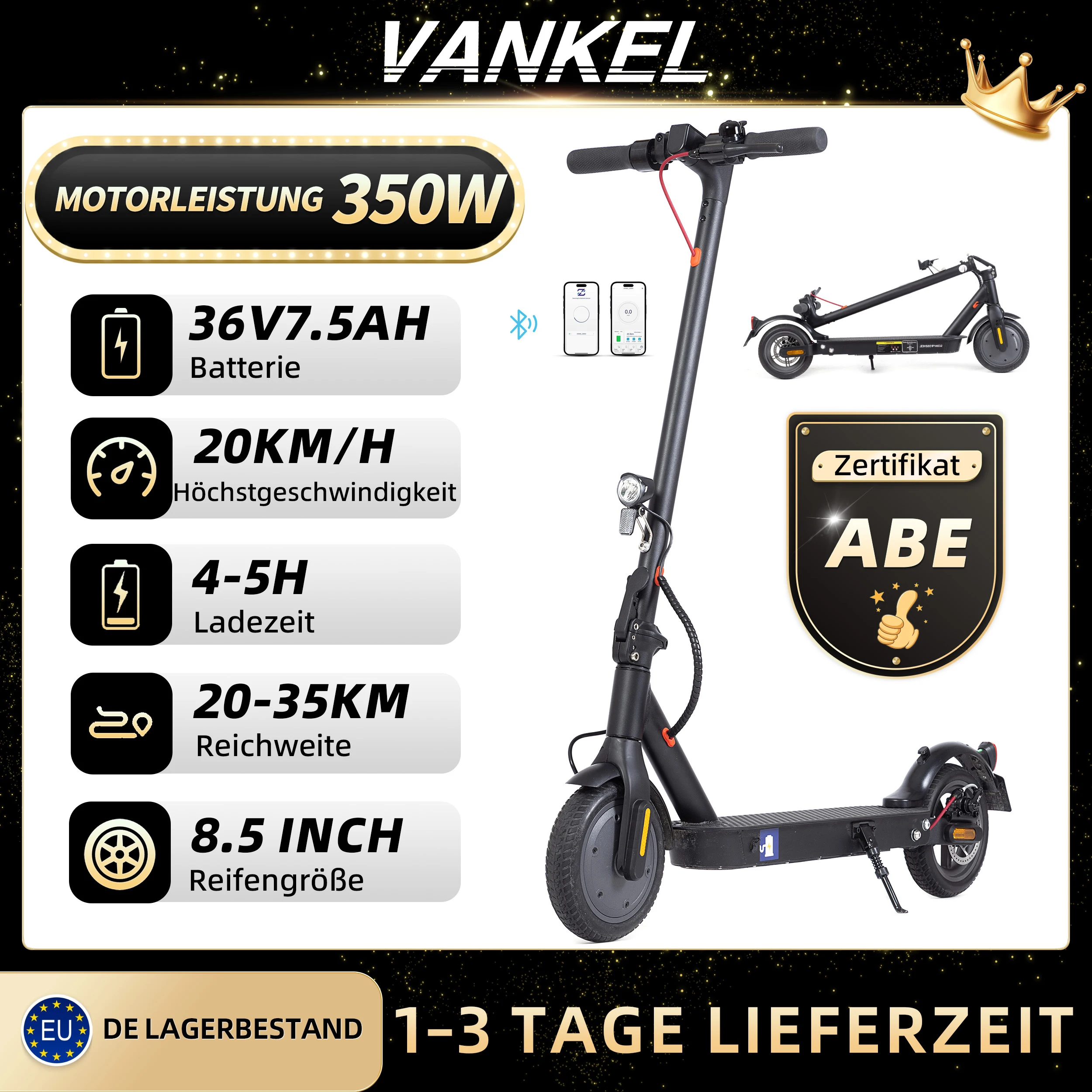 Sinaopu 8.5 Inch Electric Scooter 350W 36V 7.5Ah 30km Range, Dual Brake, Foldable Escooter, LED Display,20km/h Scooter with ABE