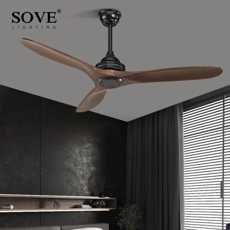 

SOVE Black Industrial Vintage Ceiling Fan Wood Without Light Wooden Ceiling Fans Decor Remote Control Ventilador De Teto DC 220v