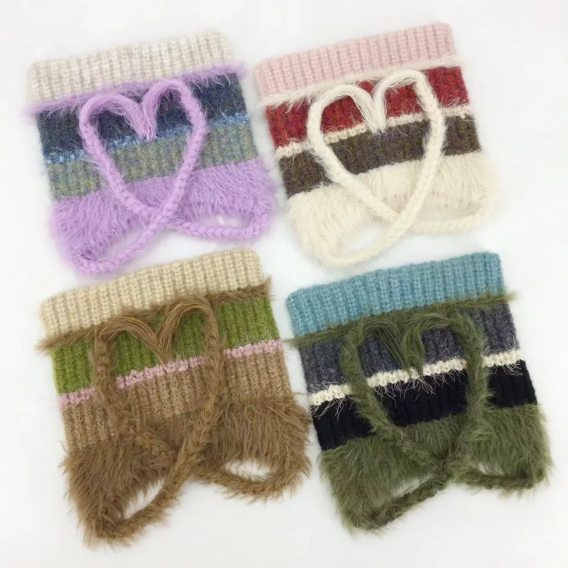 Cat Ear Contrast Stripe Splicing Handmade Colorful Dot Imitation Mink Velvet Hat Cute Little Sister Ear Protection Warm Hat 4