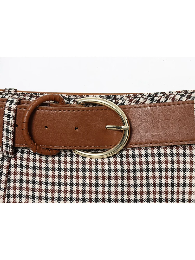 Autumn New Women Vintage Plaid Printed Skirts With Belt Elegant Temperament A-line Midi Skirts Fashion Casual Lady Skirts