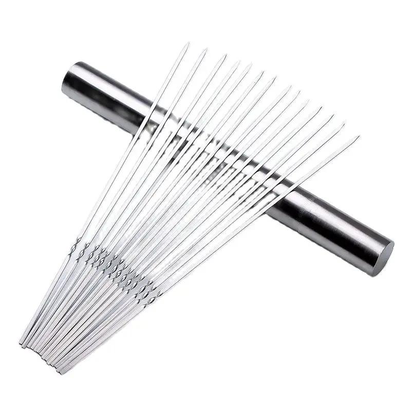 50pcs Stainless Steel Skewers Round Flat Barbecue Skewers Tube BBQ Needle Grilling BBQ Sticks 30cm