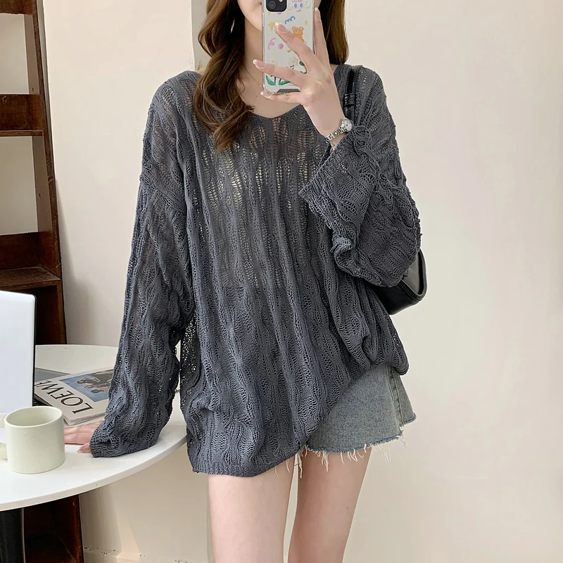 New Autumn Women's Clothing Hollow Round Neck Women's Long-sleeved Solid Color Top Casual Sweater Loose Jumper Knitwear