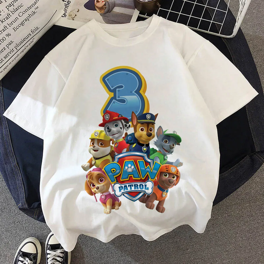 Paw Patrol dziecko lato bawełna T Shirt chłopiec dziewczyna numer urodzinowy koszulka Chase Skye drukowane ubrania dla dzieci Cartoon koszulki z literami prezent