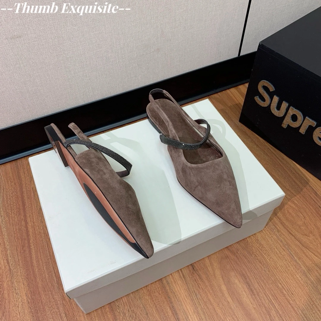 Suede flat shoes summer sandals pointed lazy Muller shoes casual daily women's shoes beaded walking shoes crystal single shoes