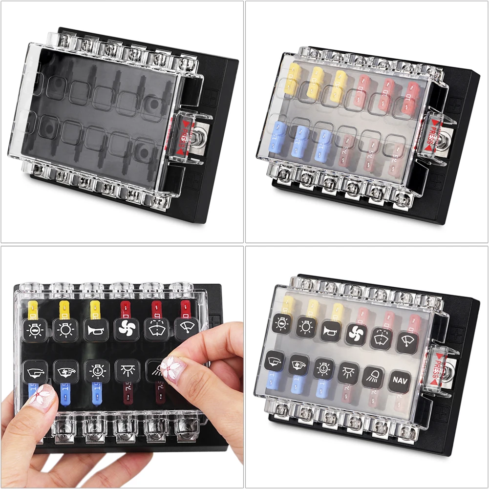 

Car Boat Fuse Box Holder With 12 Ways Blade Fuse Holder Block & Warning Indicator 12V 36V Power Distribution Panel Board